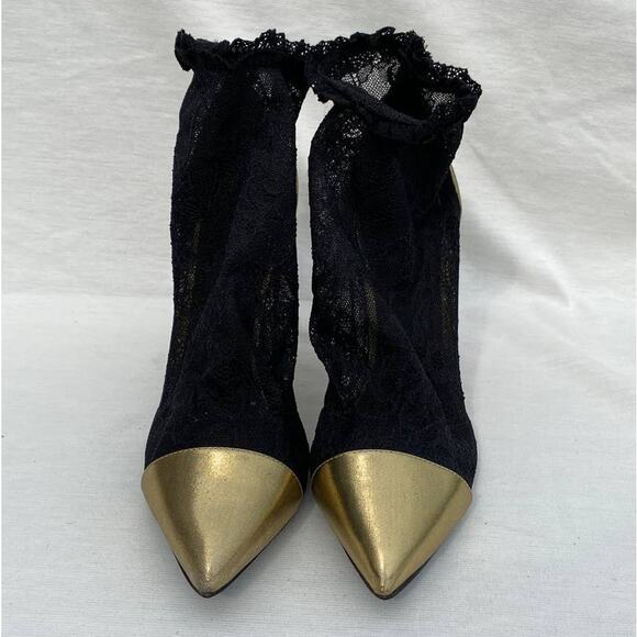 Stella Luna Black Lace & Gold Pointed Toe Booties, Size 38 (US 8), Ankle Boots - Picture 7 of 13